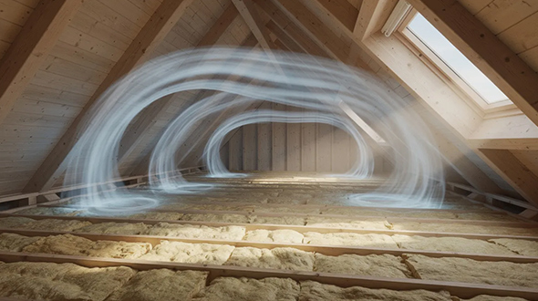 cool air flowing through an attic space, visible rafters, insulation, essential for proper attic ventilation