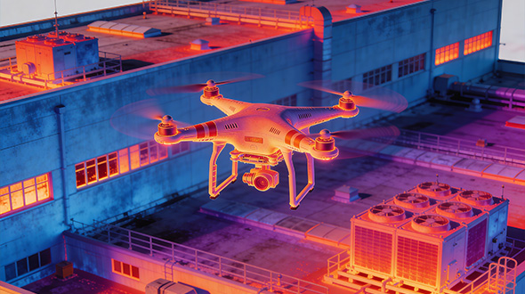 drone over flat commercial roof leak detection, inspection technology for early leak detection