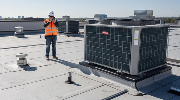facility manager on a flat commercial roof near an HVAC unit, possible early water leak detection