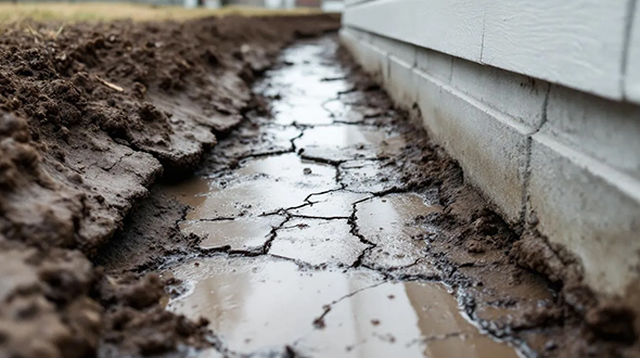 foundation damage, cracks and water pooling around the perimeter of a home