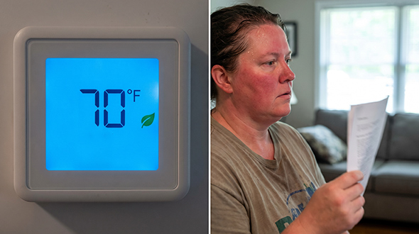 person sweating next to a home thermostat