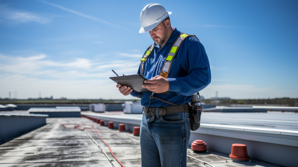 roofer calculating cost of tpo roofing system on a roof
