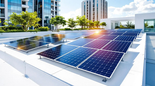 a commercial rooftop equipped with solar panels - solar energy