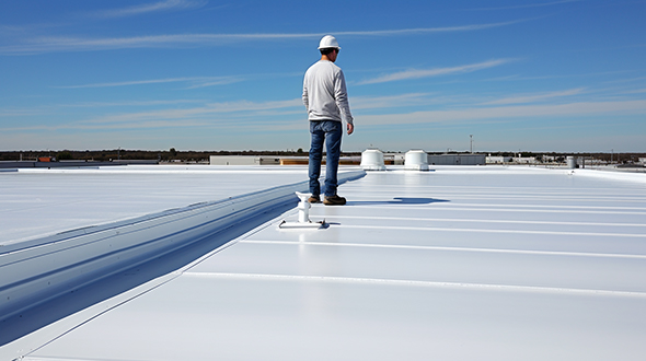 A roofing contractor standing on a newly installed white TPO roof.