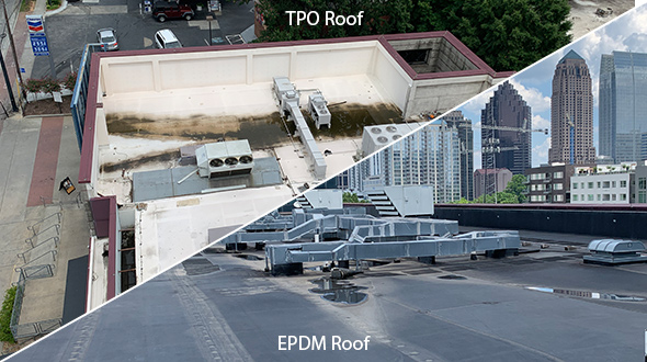 a roof with TPO and EPDM roofing materials