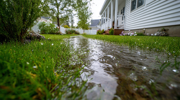 rapid water discharge from metal roof overwhelm landscape-based drainage solution