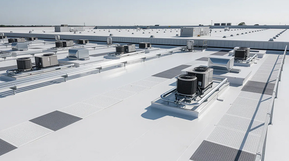 well-maintained commercial rooftop with designated walk pads and clean surfaces